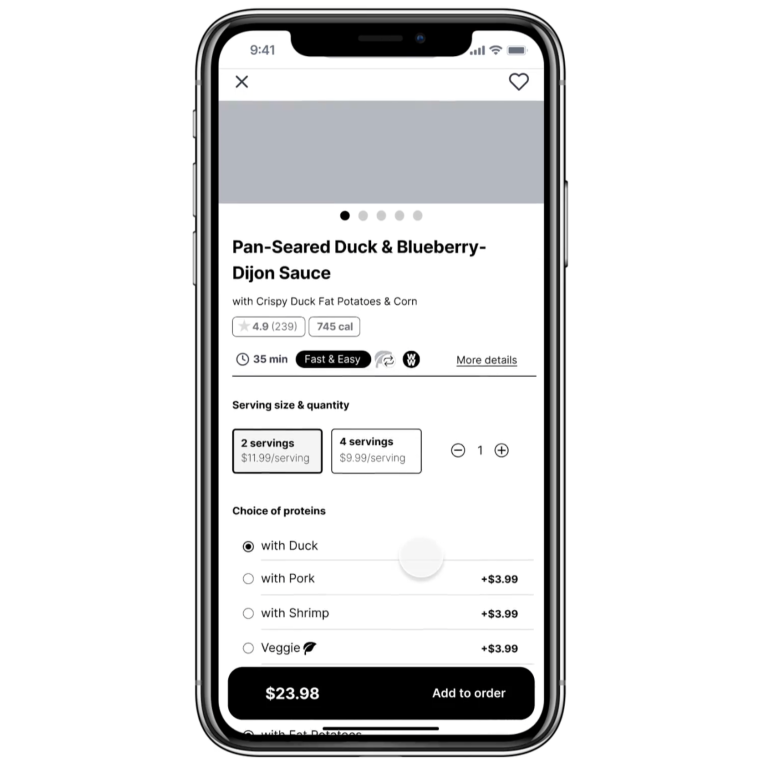 Mobile screen wireframe displaying a a meal kit product customisation page.