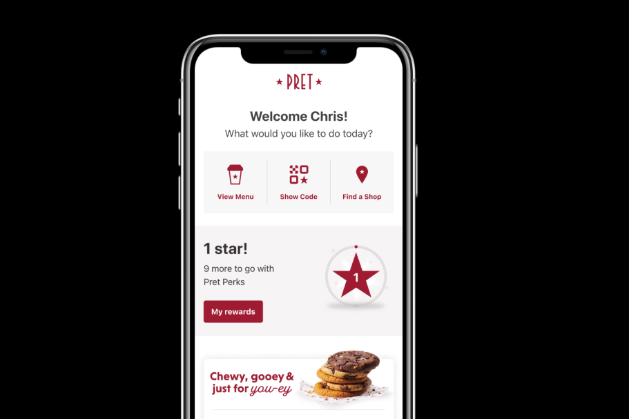 Pret mobile app interface displaying menu options and promotional offer for food.