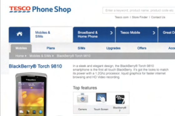 Screenshot of the Tesco Phone Shop webpage showcasing the Blackberry Torch M10.