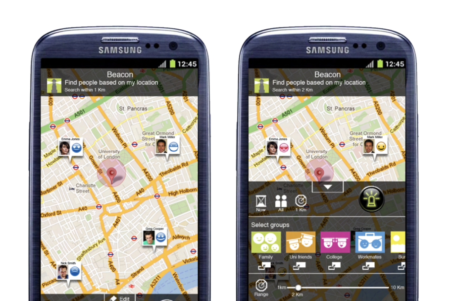 Two smartphones displaying a map with location markers and navigation options.