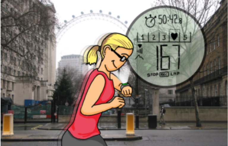 A concept & context visualisation showing a woman jogging in front of the London Eye, with fitness stats displayed.