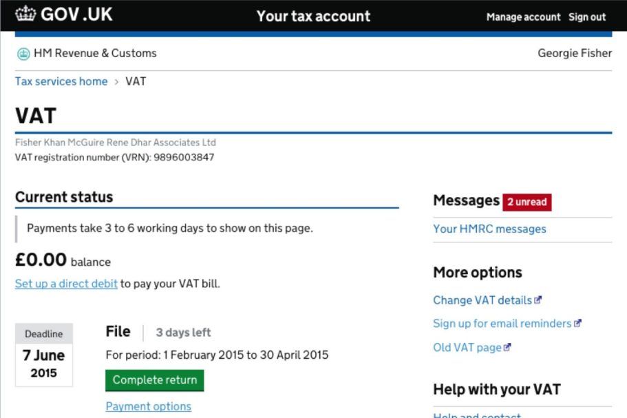 VAT account details with current status and message options displayed.