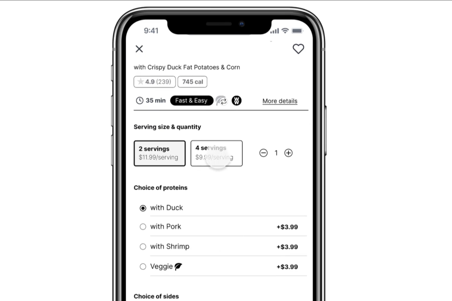 Mobile phone display showing a web interface the Blue Apron mobile app.