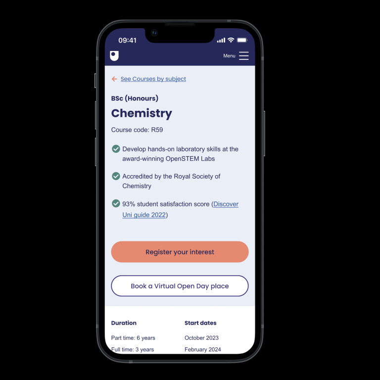 A mobile phone displaying a chemistry course registration page.