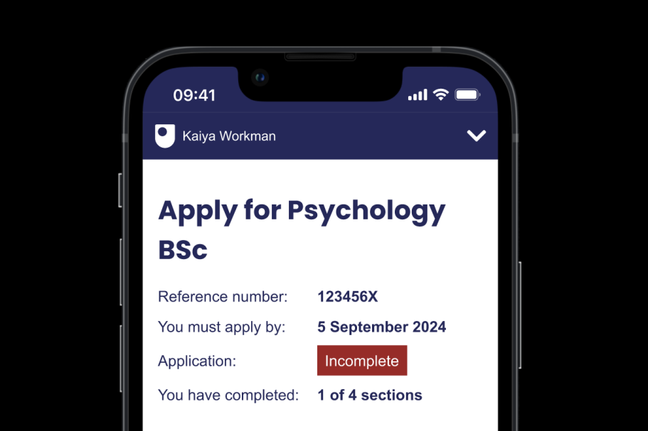 Application screen for Psychology BSc, showing reference number and completion status.